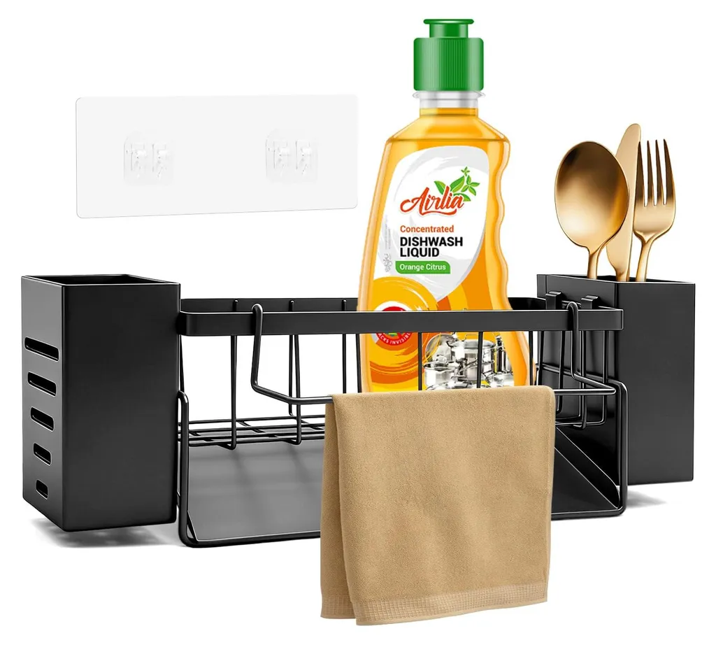 Porte-éponge mural pour évier de cuisine avec 2 bacs et porte-serviette