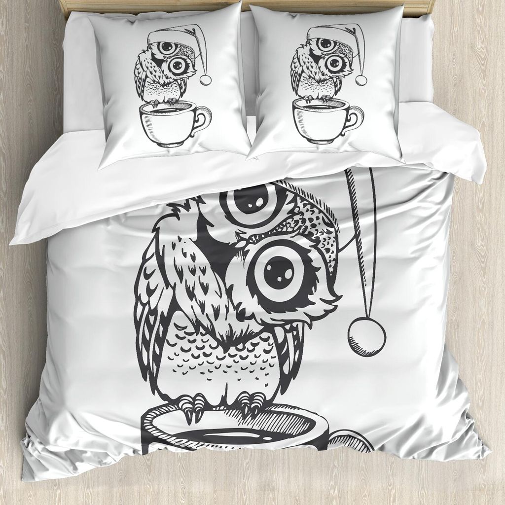 ABAKUHAUS Eule Drucken Bettbezug Set, Baby-Vogel mit Weihnachtsmütze sitzt auf einem Kaffeetasse Morgen Vibes, 155 x 220 cm + 80 x 80 cm, Charcoal...