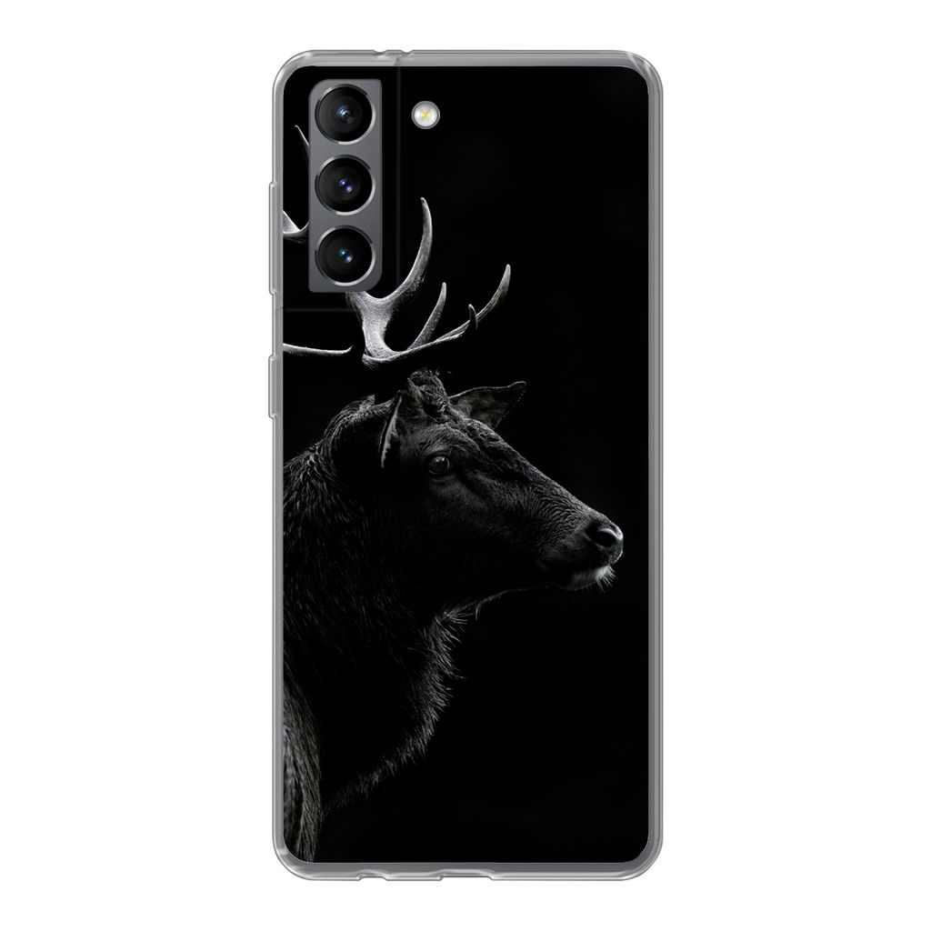MuchoWow Handyhülle Schutzhülle Hülle für Samsung Galaxy S21 Hirsch - Schwarz - Porträt - Geweih - Tiere Silikon Softcase Handy Hülle - Sof...