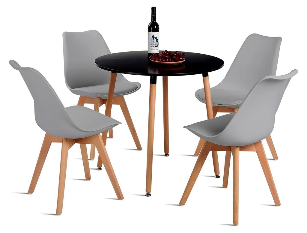 Esstisch mit 4 Stühlen, nordisches Design, runder schwarzer Tisch und graue Stühle