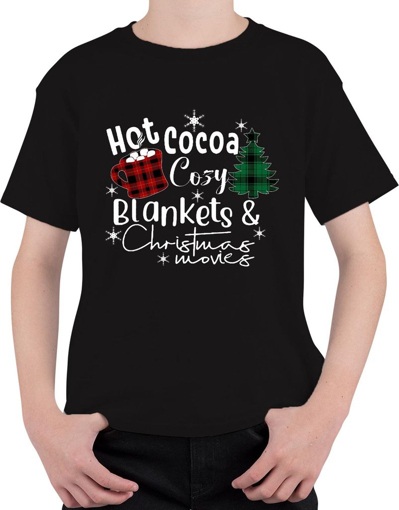 Hot Cocoa Cozy Blankets Christmas movies plaid mug snowflake Uni Kinder T-Shirt, Schwarz, 104