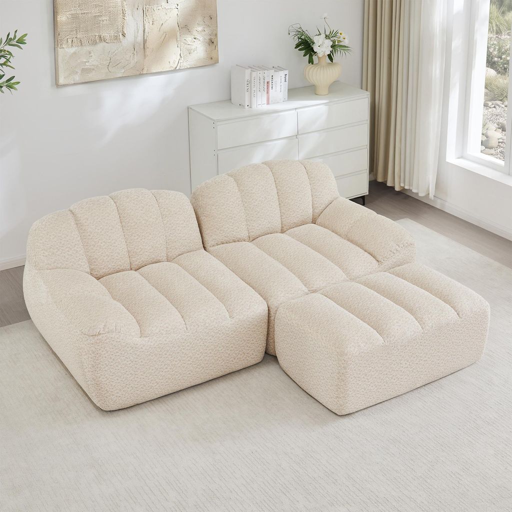 2-Sitzer L-förmiges Modulares Boneless Sofa, Muschelform, tiefe Sitzkissen mit 1 Ottoman, Sofa für Wohnzimmer, kein Aufbau nötig,Beige Weiß
