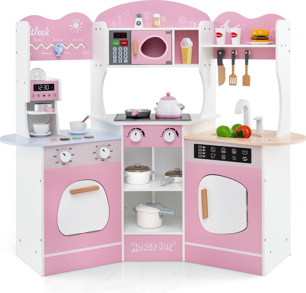 COSTWAY Eck Spielküche Holz, Kinderküche mit Sound & Licht, Spielset mit Rutsche, Mikrowelle, Ofen, Kaffee- & Waschmaschine, für Kinder 3+ Rosa