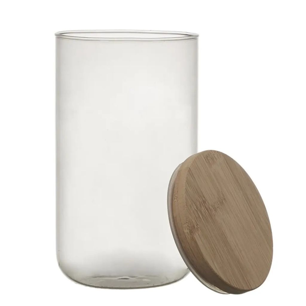 WDMT Glas-Vorratsbehälter mit Bambusdeckel - 1 Liter - ø 10 x 18,4 cm - Luftdicht - Vorratsgläser - Gewürzgläser - Gewürzregal - Transparent