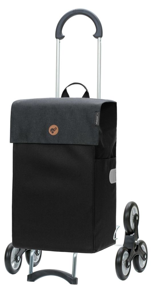 A black and gray shopping trolley with a handle and wheels, shown against a white background.