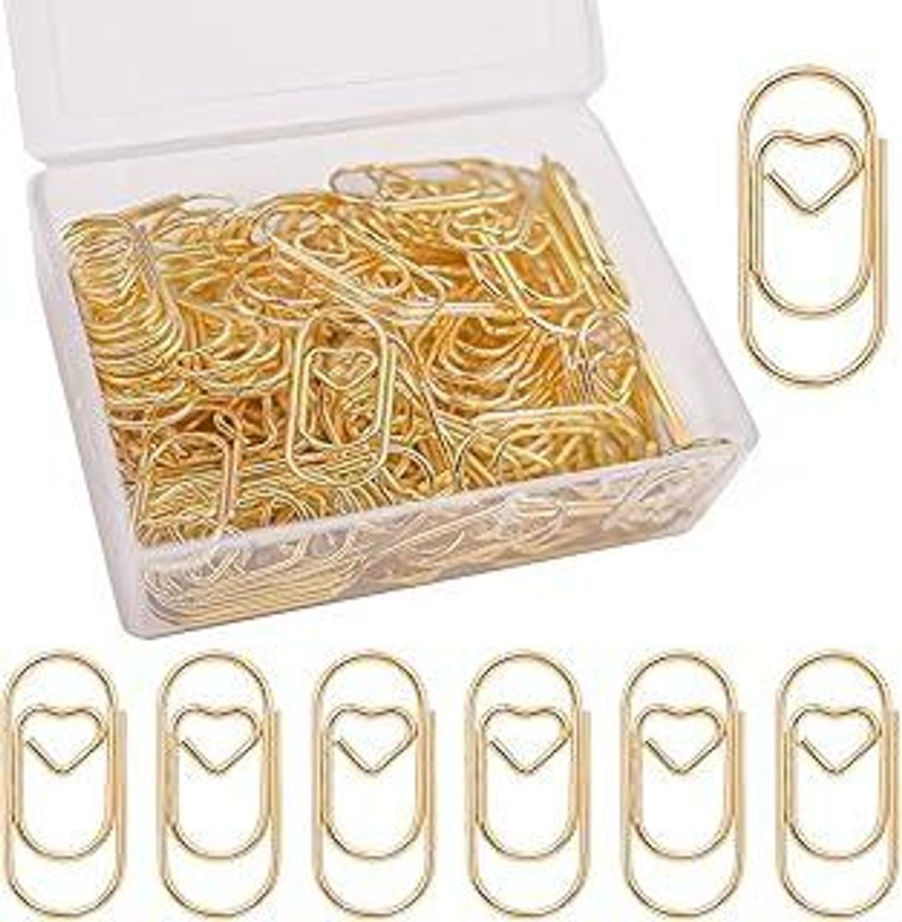 luckaide Büroklammern Herz Gold 130 Stück Büroklammern Set mit Transparentbox Klein Büroklammer Oval Motiv für Büro, Klassenzimmer, Aktenklammer