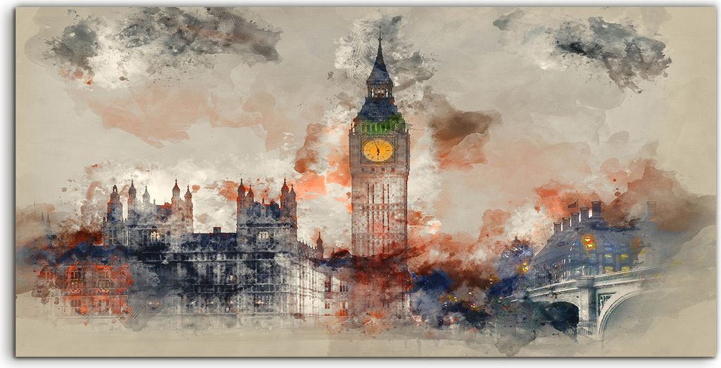 Coloray Acrylbild 100x50 Wandbild Acrylbilder Big Ben London Gebäude Aquarell brücke