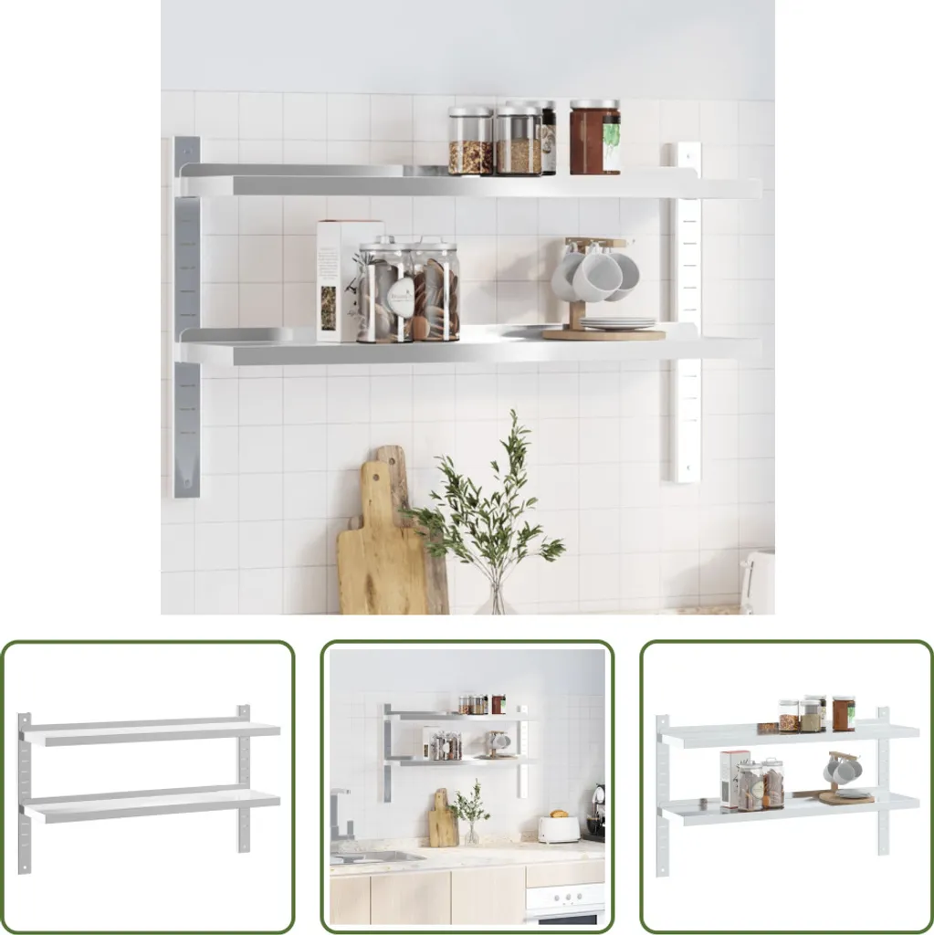 Mensola A Parete Per Cucina In Acciaio Inox - 2 Strati - 80x30x55 Cm - Portata 35 Kg - Ripiano Galleggiante - 3