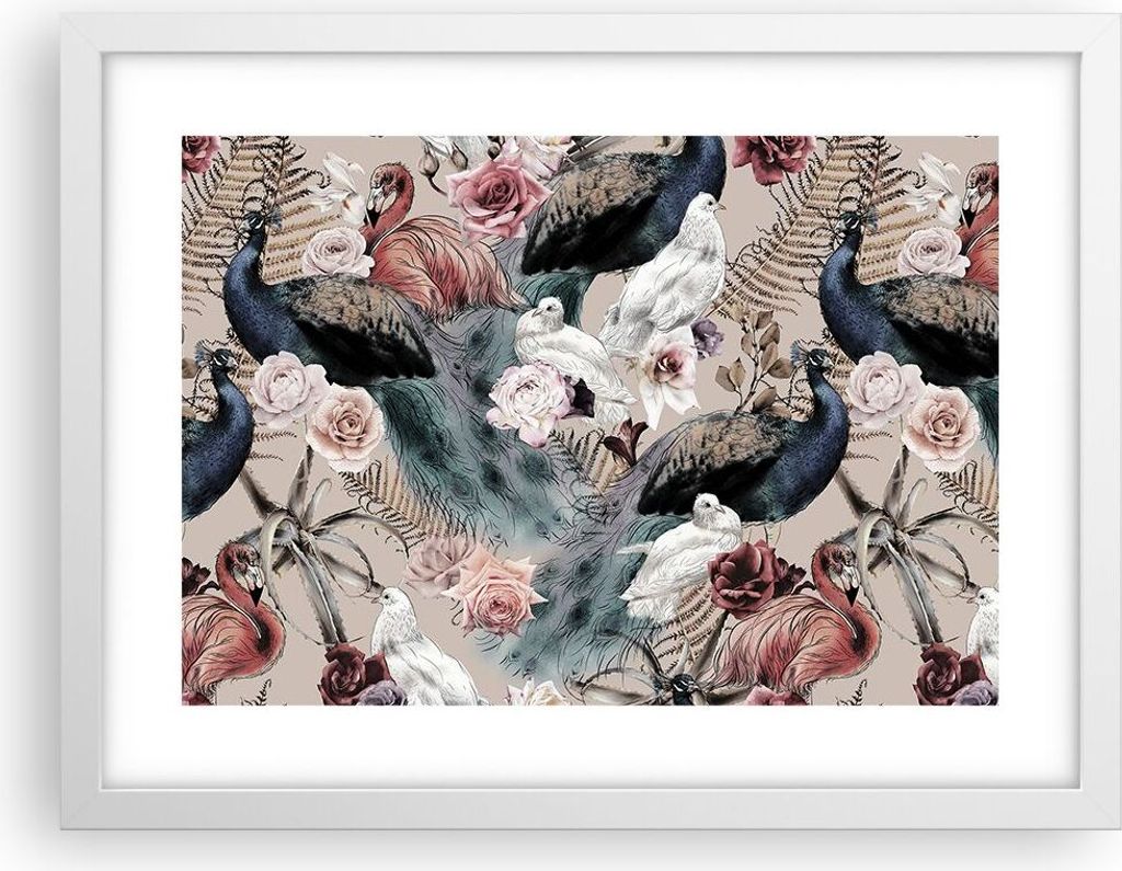 Gerahmtes Poster - Weißer Rahmen - Pfauen Squab Flamingos - 40x30 cm - Wand Bild - Wanddeko - Wandbilder - Kunstposter - Wandposter - Bilderrahmen...