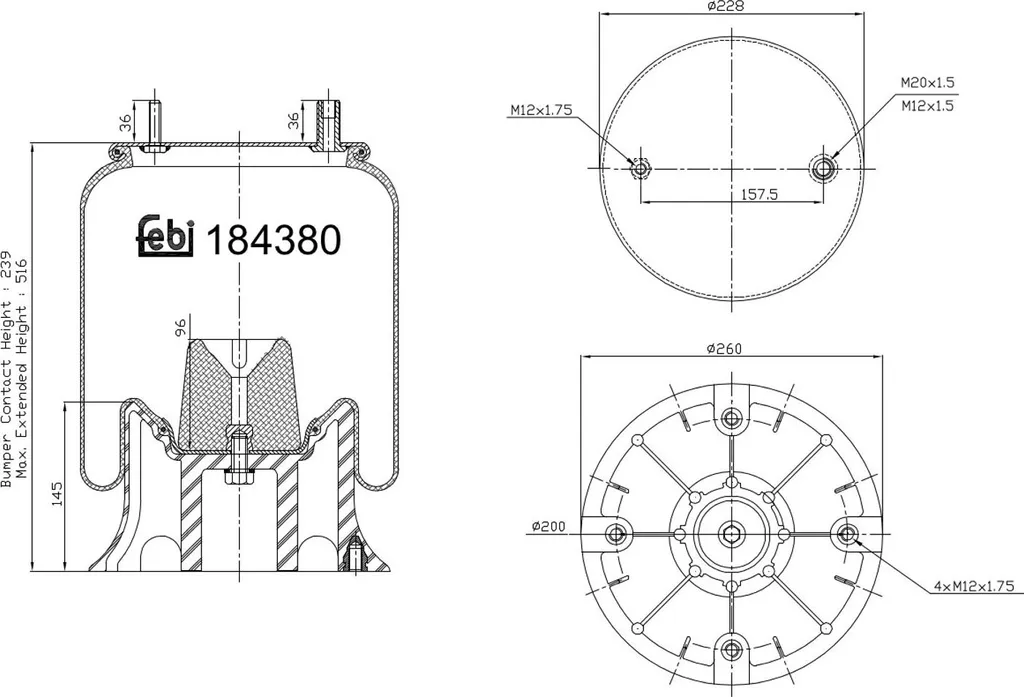 Soufflet Pneumatique Arrière Renforcé 184380 - Hauteur Maxi de 516 mm