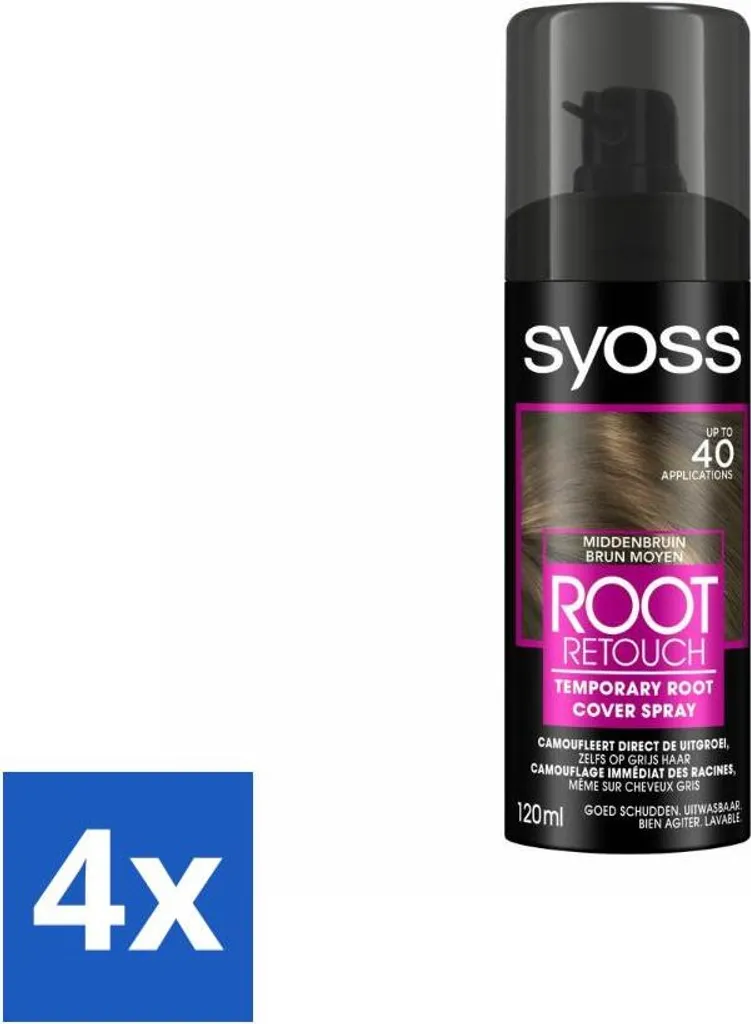 SYOSS Spray Retouche Racines Brun Moyen - Couverture Gris - Pack de 4