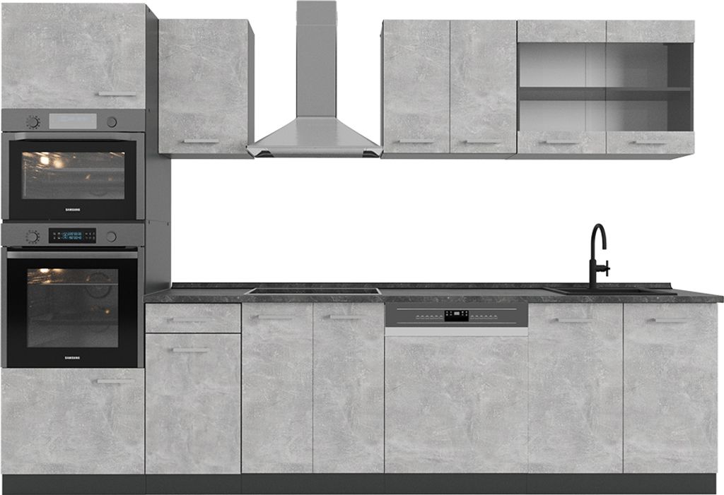 Küchenzeile Vicco R-Line Beton 300 cm mit Hochschrank, AP Anthrazit, Model 53829