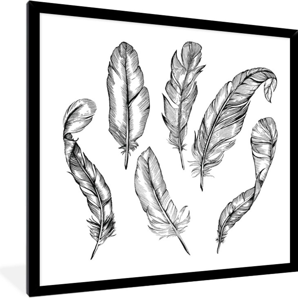 MuchoWow Gerahmtes Poster Eine schwarz-weiße Illustration von Federn 40x40 cm - Poster mit Schwarzem Bilderrahmen Wandposter Rahmen Foto Bilder ...