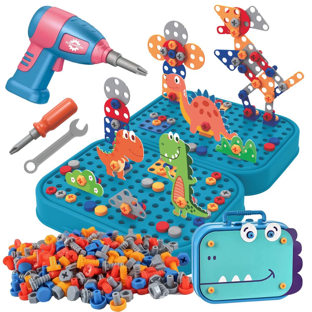 Dinosaurier Konstruktionsspielzeug 228 Teile, Montessori Werkzeugkasten mit Elektroschrauber, 3D Mosaik Steckspiel ab 3 Jahren, EVI TOYS