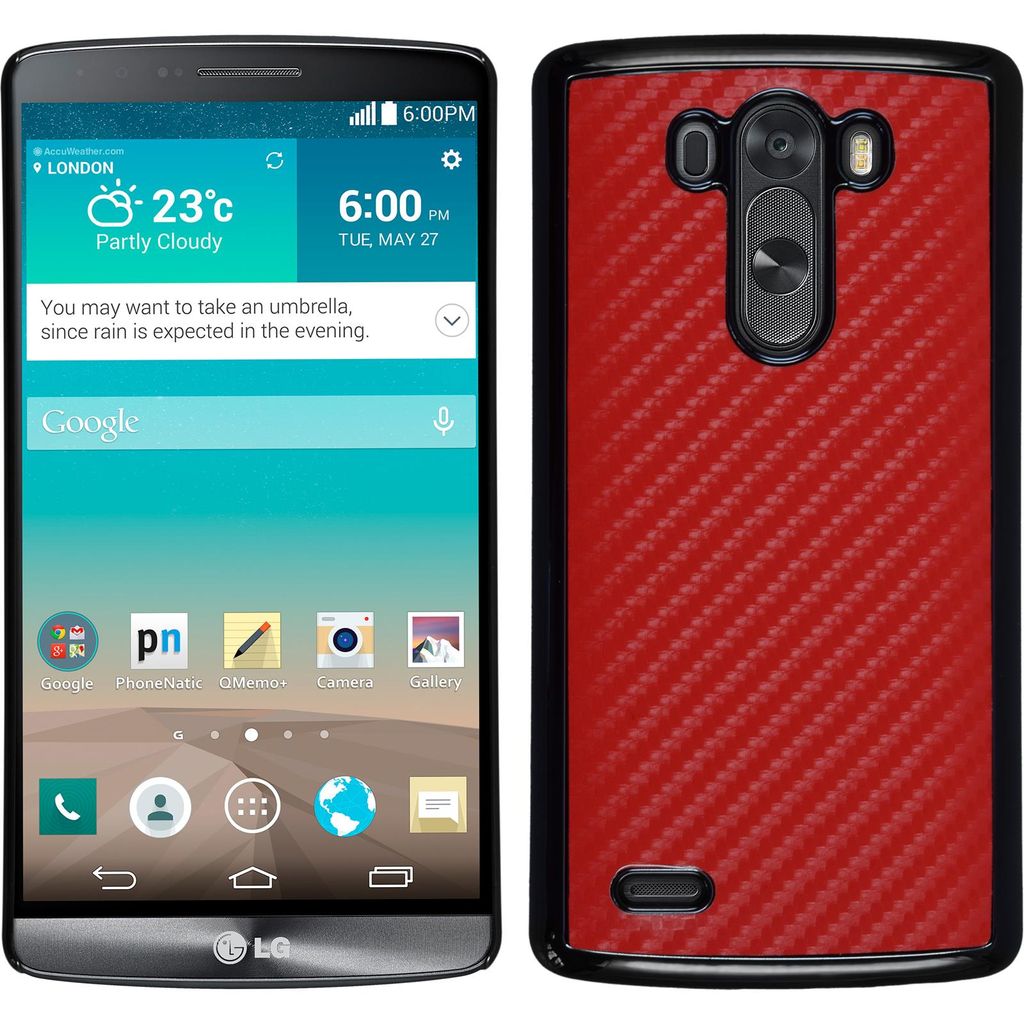 PhoneNatic Case kompatibel mit LG G3 - Hülle rot Carbonoptik Hard-case + 2 Schutzfolien