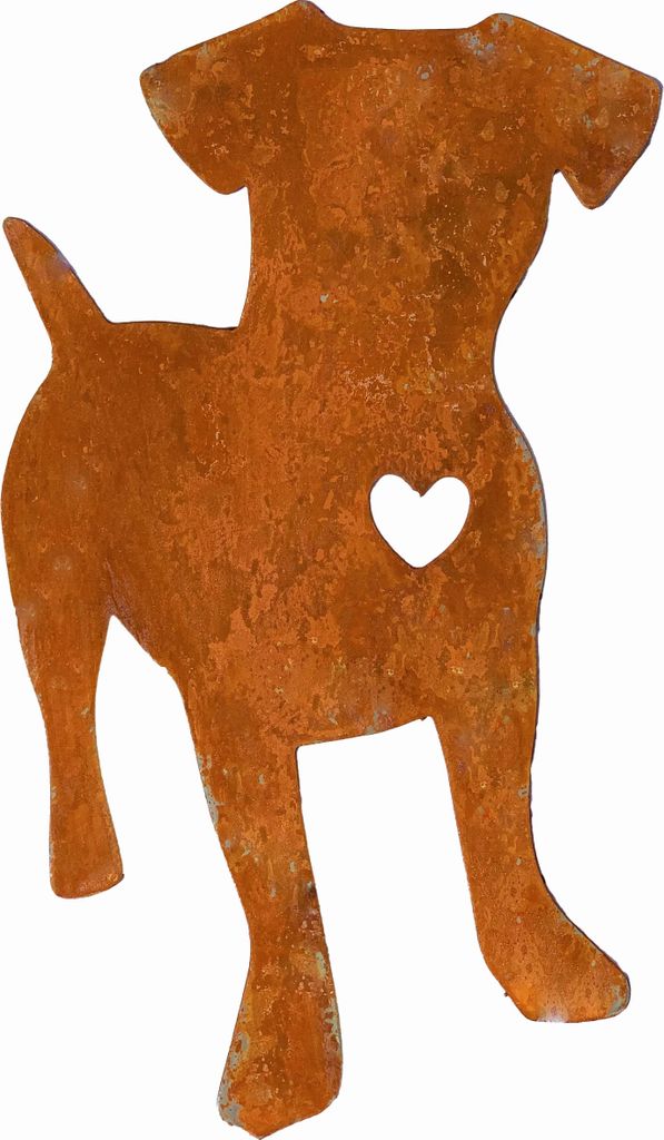 A rusty metal silhouette of a Jack Russell Terrier with a heart cut out of its chest, set against a white background.