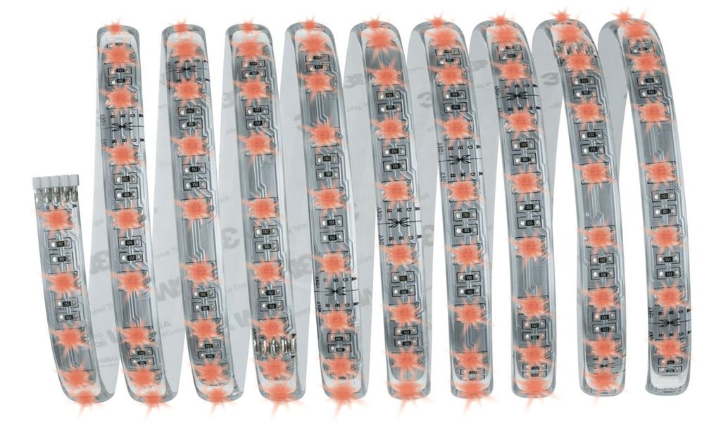 A coiled LED strip light with multiple orange lights illuminated.
