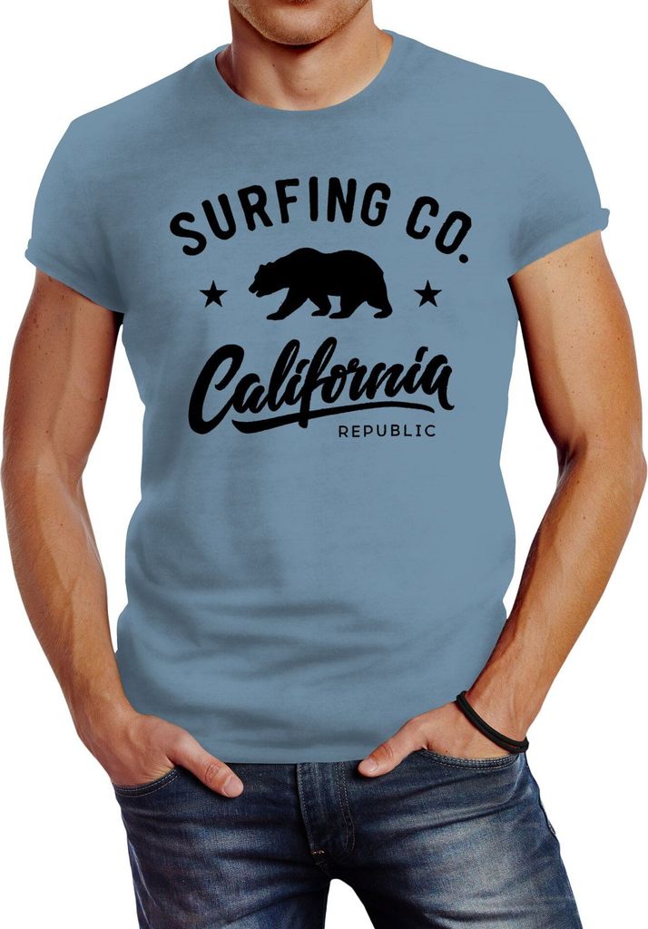 Herren T-Shirt California Republic Bear Bär Sommer Surfing Slim Fit Neverless stone blue M
