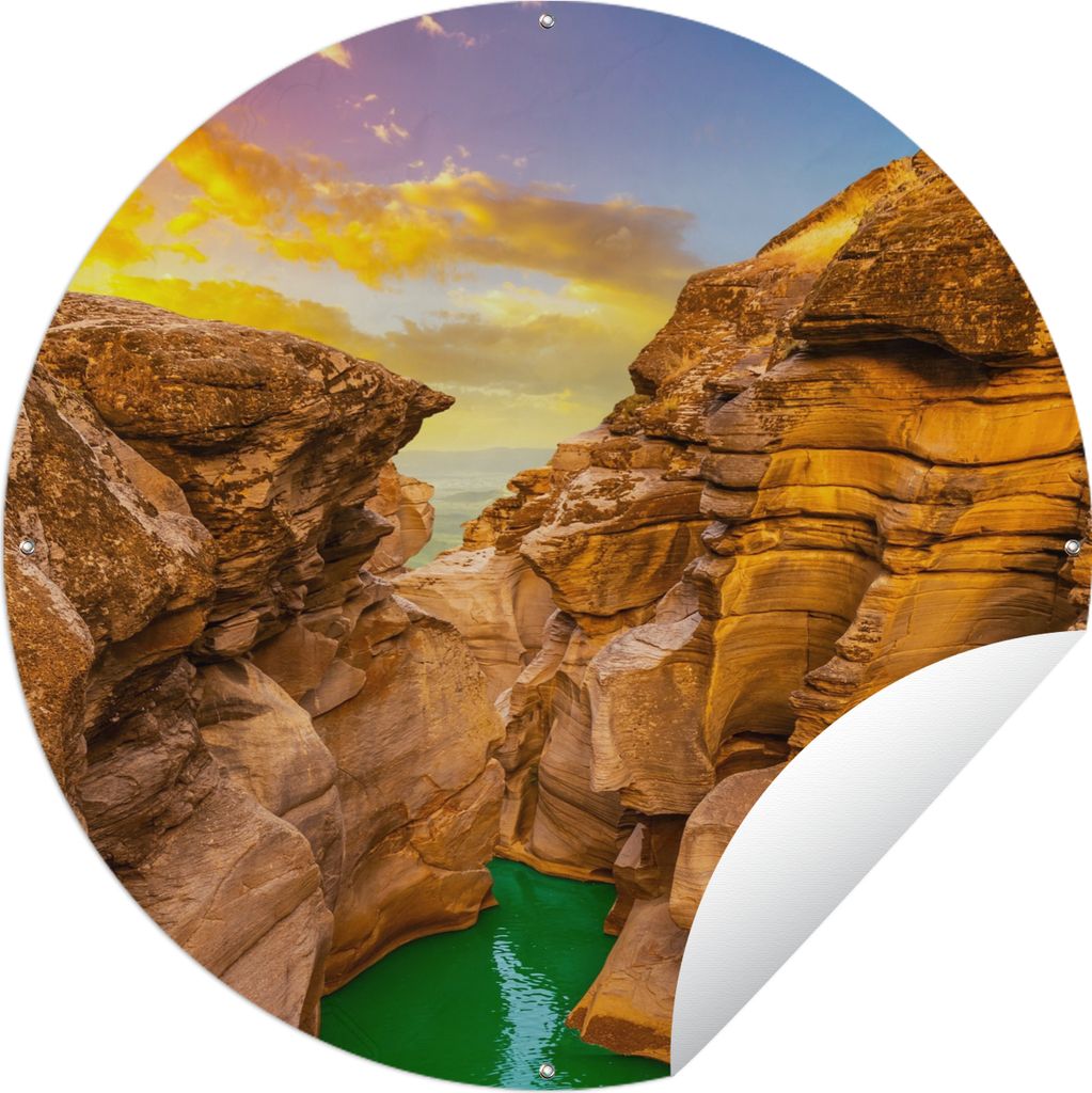 MuchoWow Gartenposter Outdoor-Poster Rund Felsen - Meer - Sonnenuntergang - Natur - Wasser Ø 150 cm Gartendeko Rundes Poster draußen