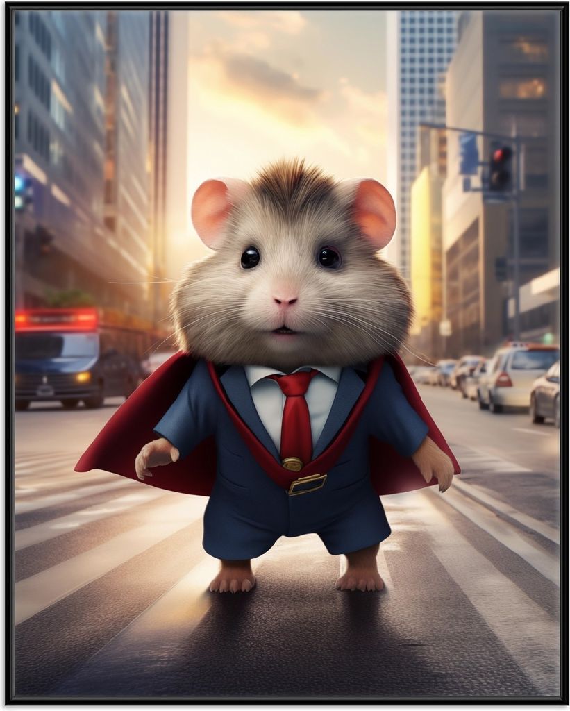 Wallario Wandbild Super-Hamster, Größe: 40,30 x 50,30 cm, Poster mit schwarzem Aluminiumrahmen