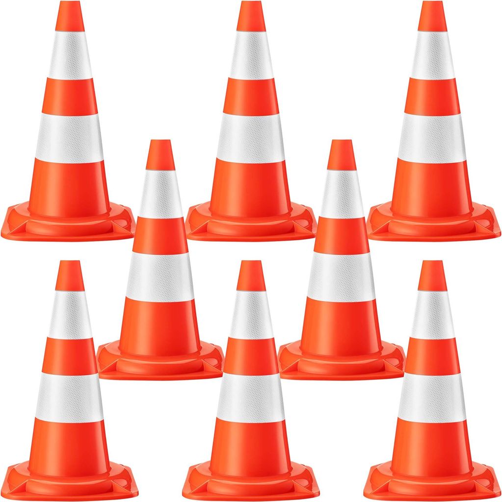 Wiltec Verkehrskegel 50 cm hoch 8 Stück, Leitkegel zum Absichern, Pylon reflektierend, Warnkegel aus robustem PVC für Baustellen