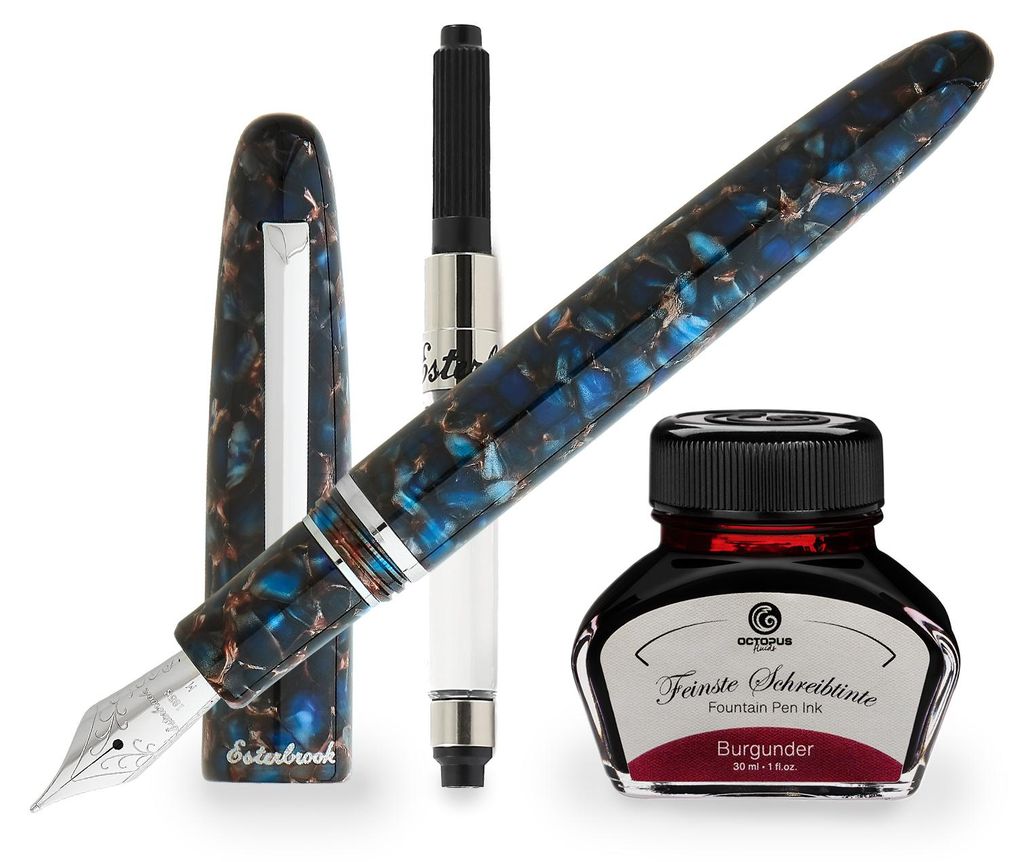 Esterbrook Estie Nouveau Blue Palladium Trim Füllhalter, Patronenfüllhalter mit 30ml Tinte Burgunder