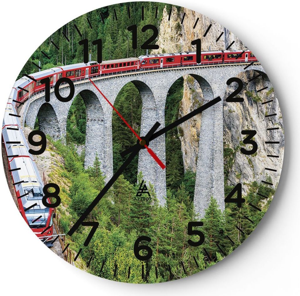 Wanduhr - Rund - Glasuhr - Viadukt Landwasser Zug - 30x30cm - Schleichendes Uhrwerk - Lautlos - zum Aufhängen bereit - Dekoration Modern - Wanddek...