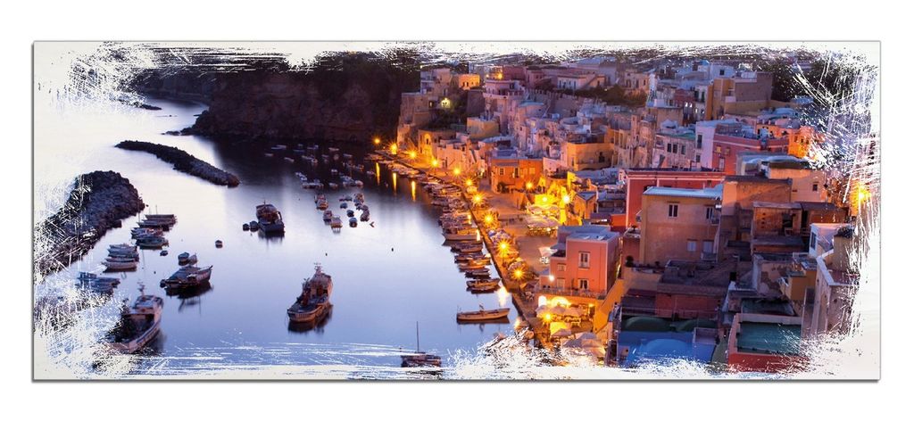 Wallario Kunstdrucke Wandbilder Holz in : Brillante Farben, Größe 50 x 125 cm Motiv Hafen bei Nacht - Italien hell erleuchtet
