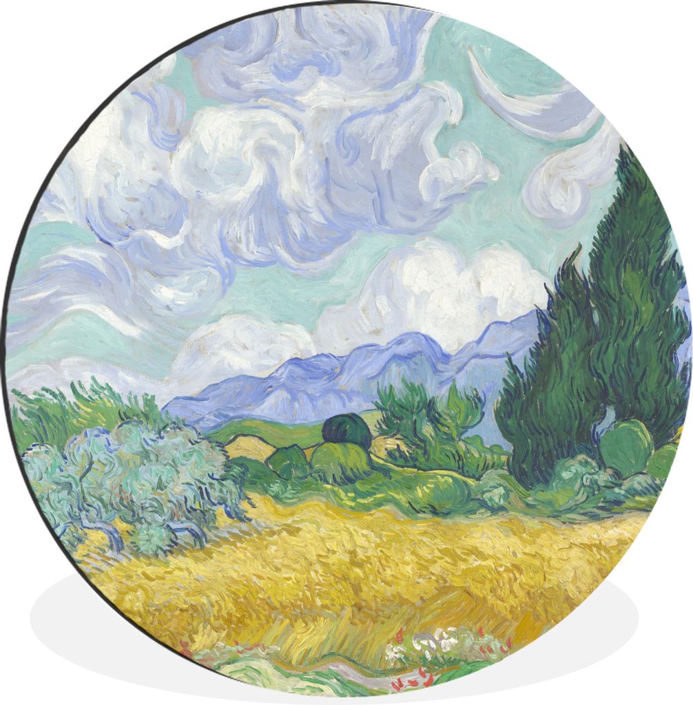 MuchoWow Aluminium Wandkreis Weizenfeld mit Zypressen - Vincent van Gogh Ø 60 cm Wanddeko Modern Wohnzimmer - Wand Kreis - Wandbild - Schlafzimm...