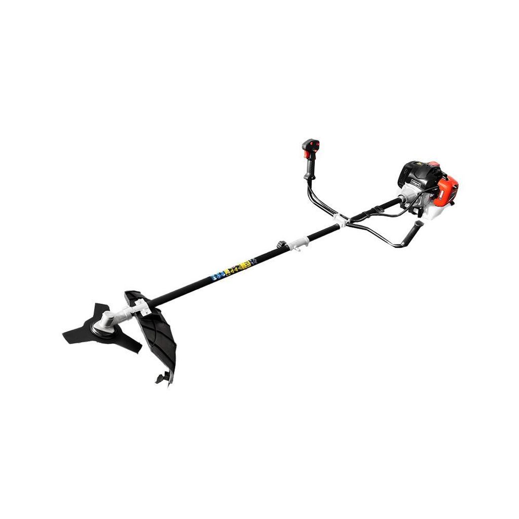A gasoline-powered string trimmer with a blade attachment, shown against a white background.