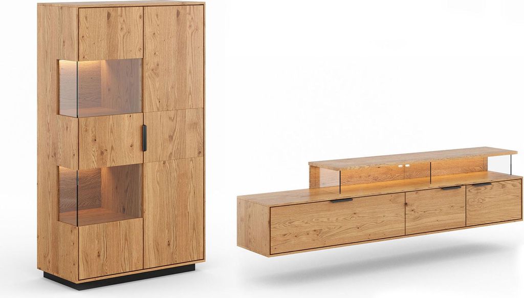 Wohnwand Tirano Wohnzimmer-Set Massivholz geölt Ausführung wählbar,Vitrine, Lowboard,Eiche Natur