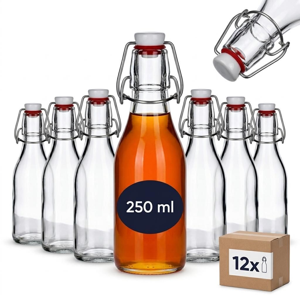 gouveo 12er Set Glasflasche 250 ml rund mit Bügelverschluss Produktbild 