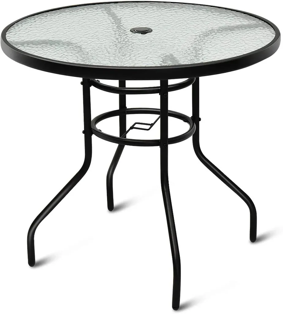 Table d'Appoint Extérieure en Verre et Métal Noir pour Terrasse et Patio