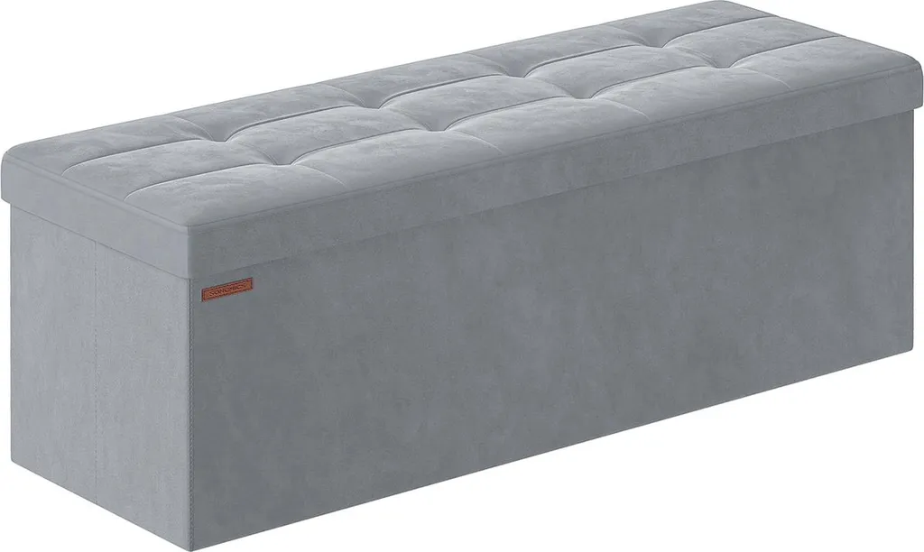 Banquette coffre velours gris pigeon avec assise capitonnée et pieds