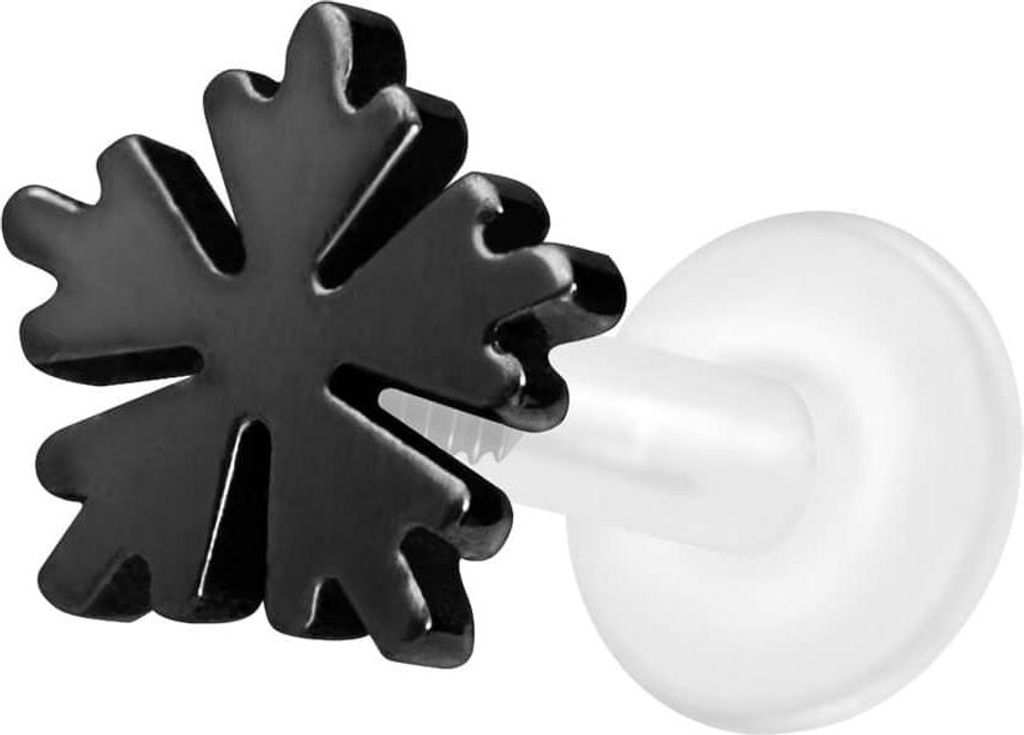 Ohrpiercing, Nasenpiercing PTFE Labret mit Innengewinde + Titan-Aufsatz SCHNEEFLOCKE Schwarz Stablänge: 8mm | Stabstärke: 1,6mm