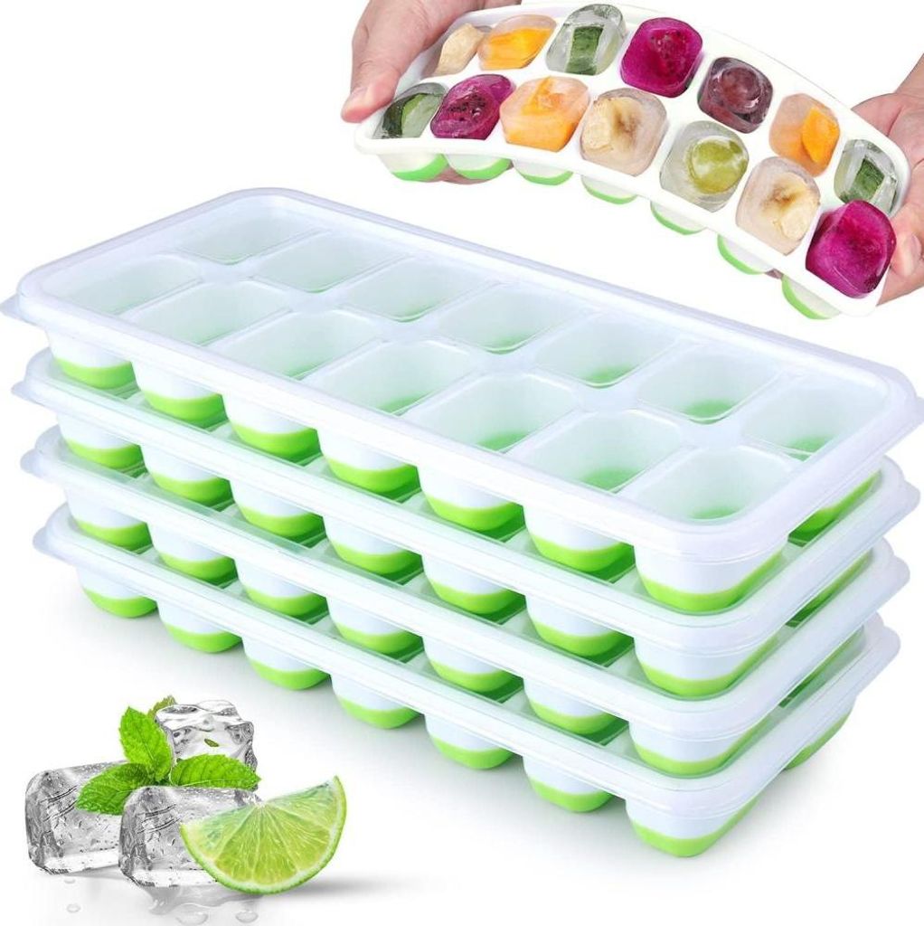 Set mit 4 BPA-freien Silikon-Eiswürfelformen mit luftdichten Deckeln, stapelbar, ideal für Babynahrung und Whisky-Eiswürfel