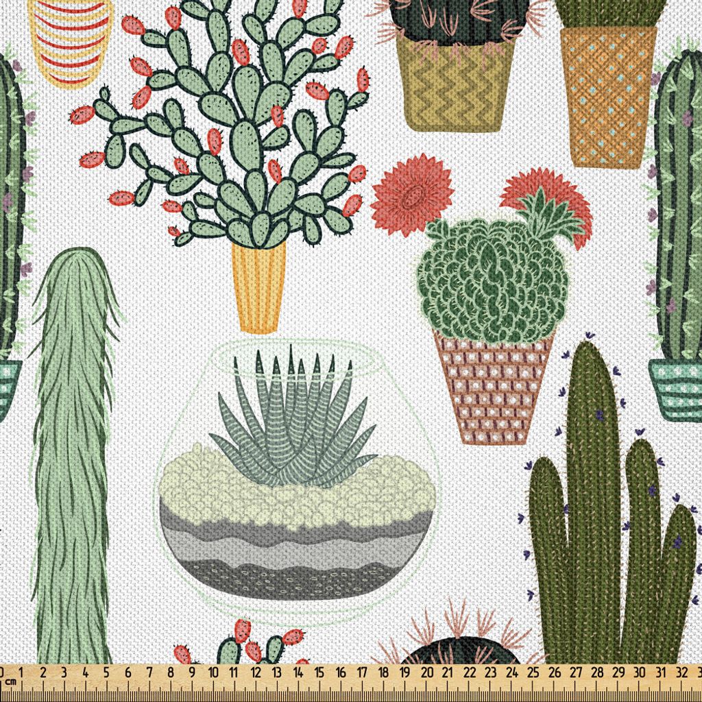 ABAKUHAUS Kaktus Satin Stoff als Meterware, Muster mit Sukkulenten und Kakteen in Töpfen Botanischer mexikanischer Blumengarten, 1 M (148 x 100 cm...