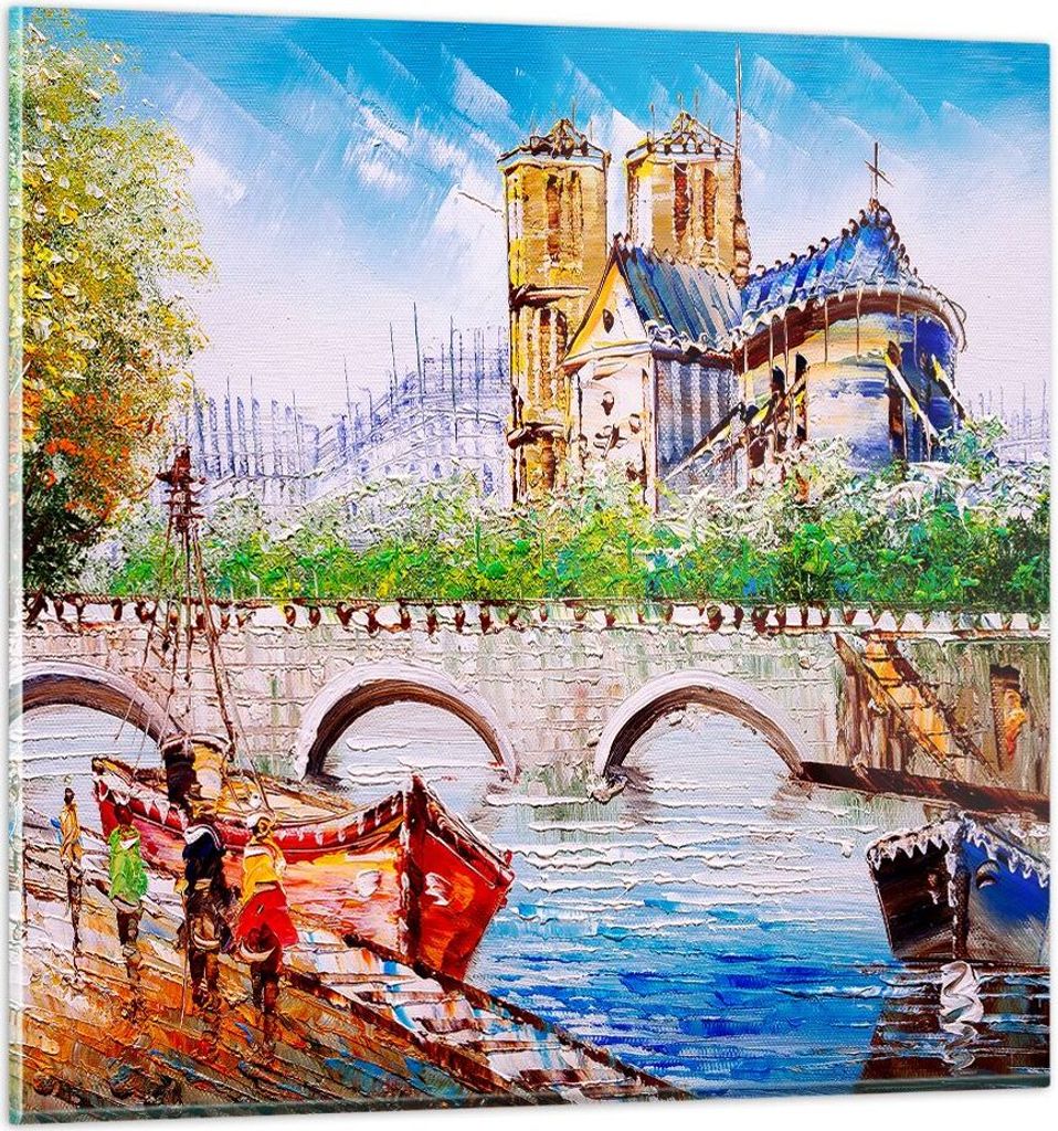 Bilder auf glas - Boot Fluss Brücke Zeichnung - 30x30cm - Glasbilder - Wandbilder - Kunstdruck - zum Aufhängen bereit - Wanddekoration aus Glas -...