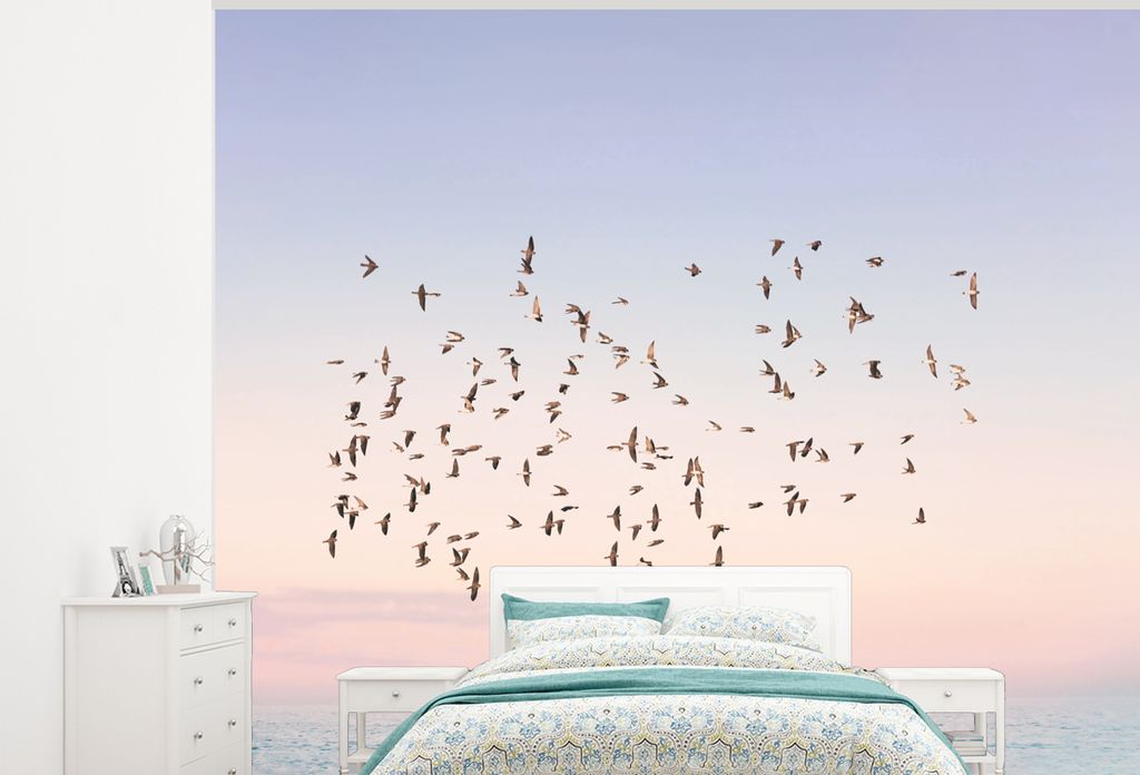 MuchoWow Fototapete für Wohnzimmer oder Schlafzimmer Wandtapete Vinyl Motivtapete Vögel - Meer - Himmel - Natur - Sommer - 325x260 cm - Tapete