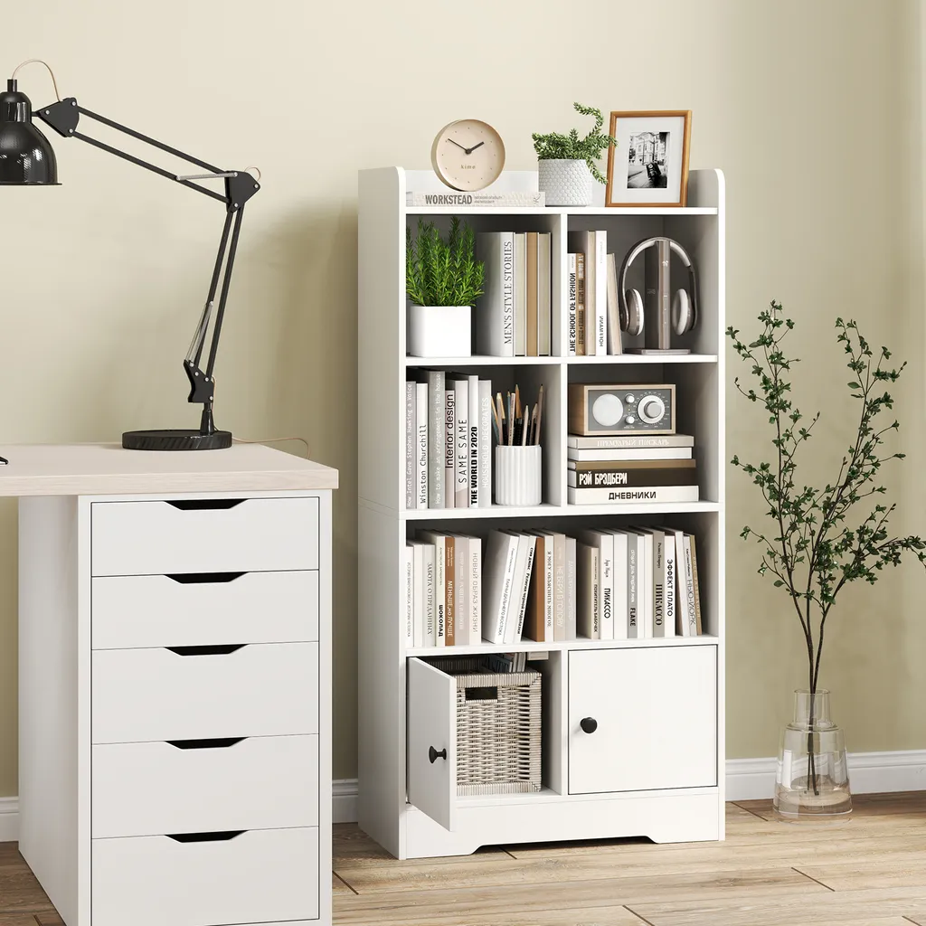 Petite bibliothèque vitrine blanche avec 5 compartiments et rangements