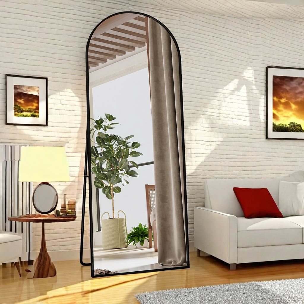 Bogen Ganzkörperspiegel, 165 × 60 cm Standspiegel mit Schwarzer Rahmen, Groß Wandspiegel zum Stehen, Anlehnen oder Hängen, Bodenspiegel für Sc...