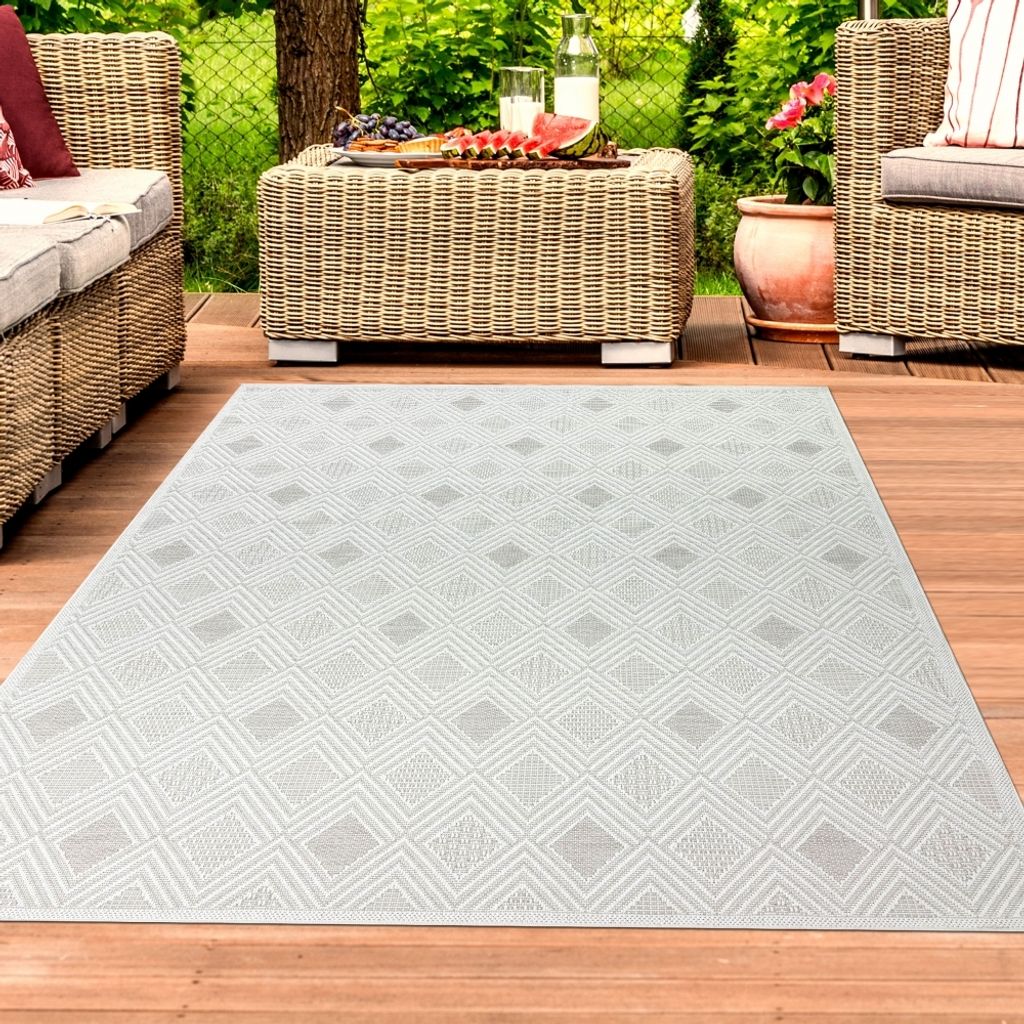 Outdoorteppich Terrassenteppich Balkonteppich mit verschiedenen gemusterten Rauten in Creme Größe - 120 cm Rund
