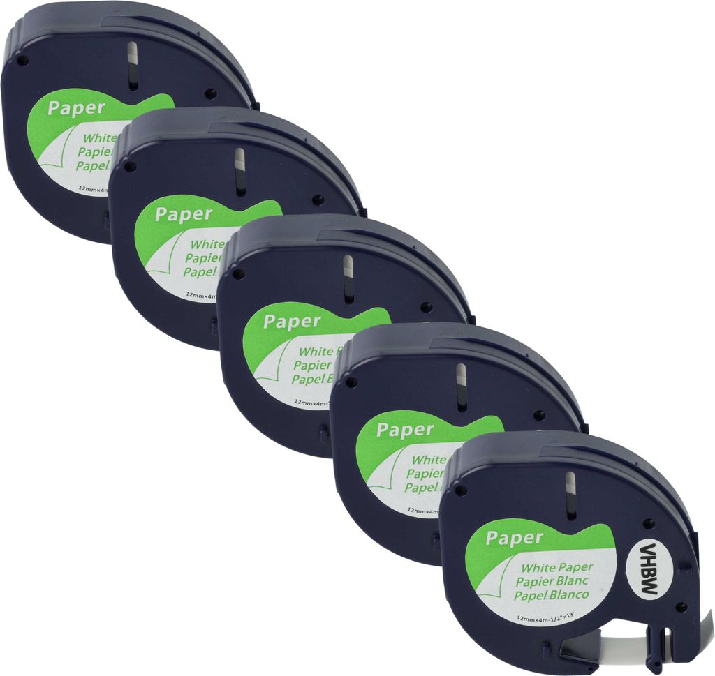 vhbw 5x Schriftband-Kassette Papier Ersatz für Dymo 91200, S0721520 für Etiketten-Drucker 4m x 12mm Schwarz auf Weiß