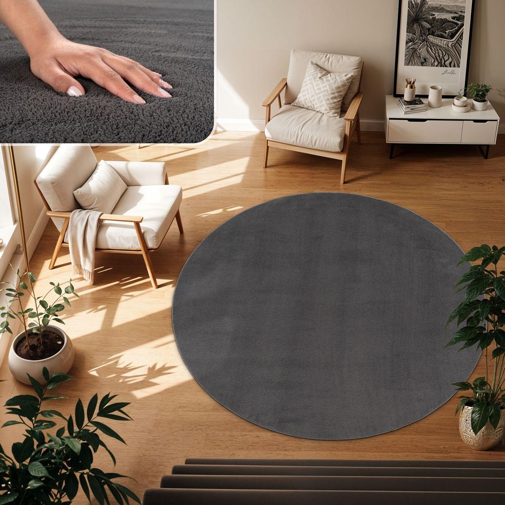 A round gray rug is placed on a wooden floor in a living room setting, with a chair and plants nearby.