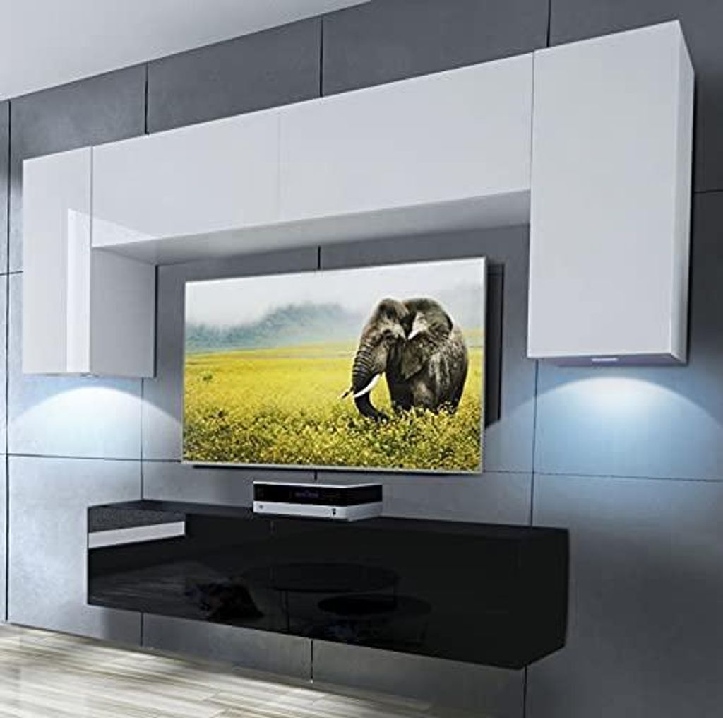 Furnitech Wohnwand Wohnzimmer - Wohnzimmer Möbel mit LED RGB - 16 Farben - Hängend Wohnwand Modern - Regale und TV Schrank (Future C2/HG/BW3 1A)
