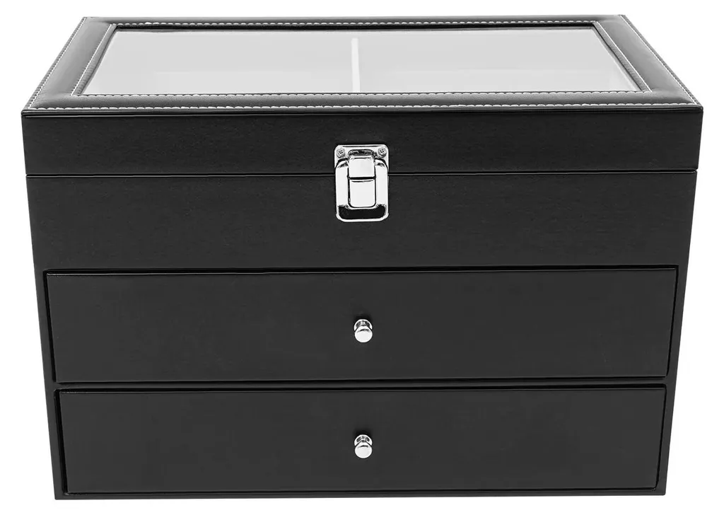 Étui de rangement 3 niveaux pour montres et lunettes avec vitre et métal