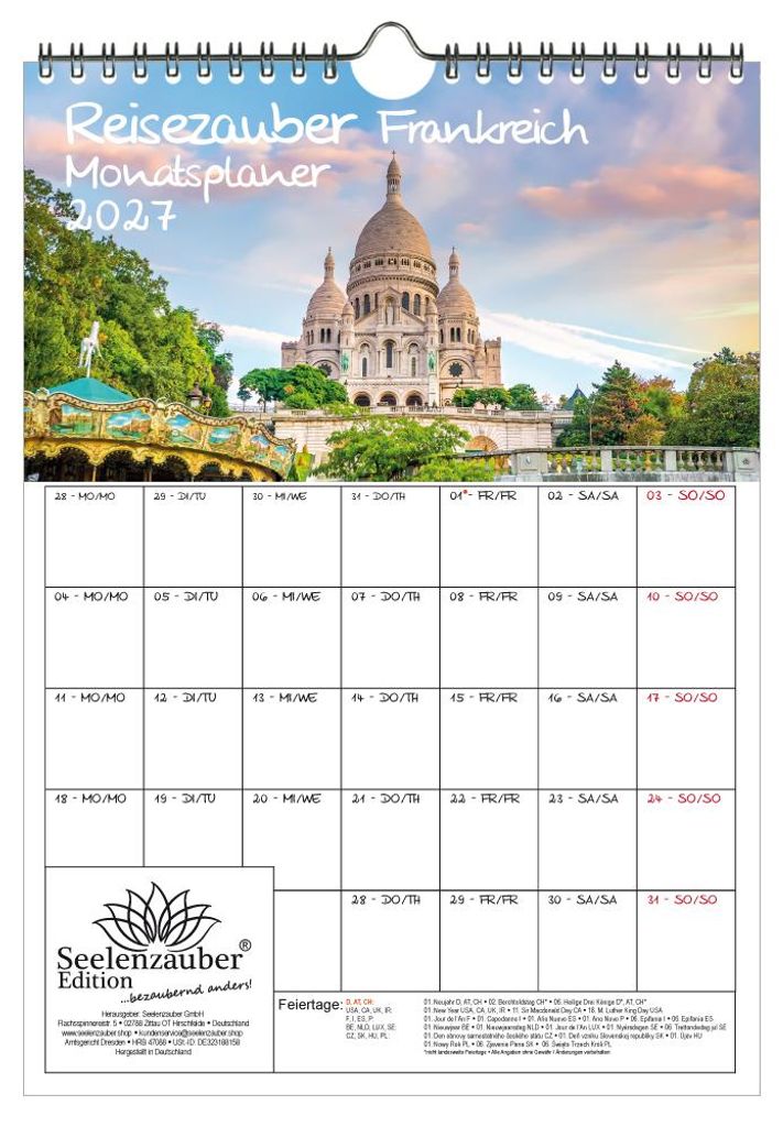 Reisezauber Frankreich Planer DIN A4 Kalender für 2027 Urlaub Paris - Seelenzauber