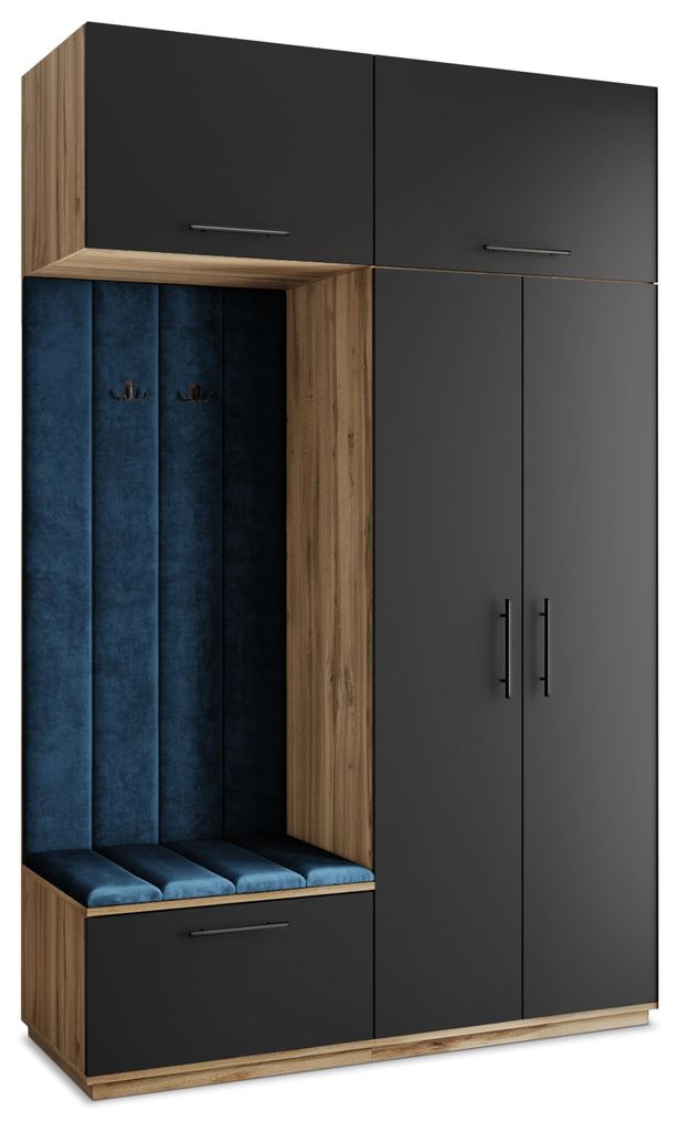 Masseno Garderobe-Set REMA 150/240/60 cm Modern Garderobenschrank Eiche Wotan, Veloursstoff MONOLITH 77 (Blau)