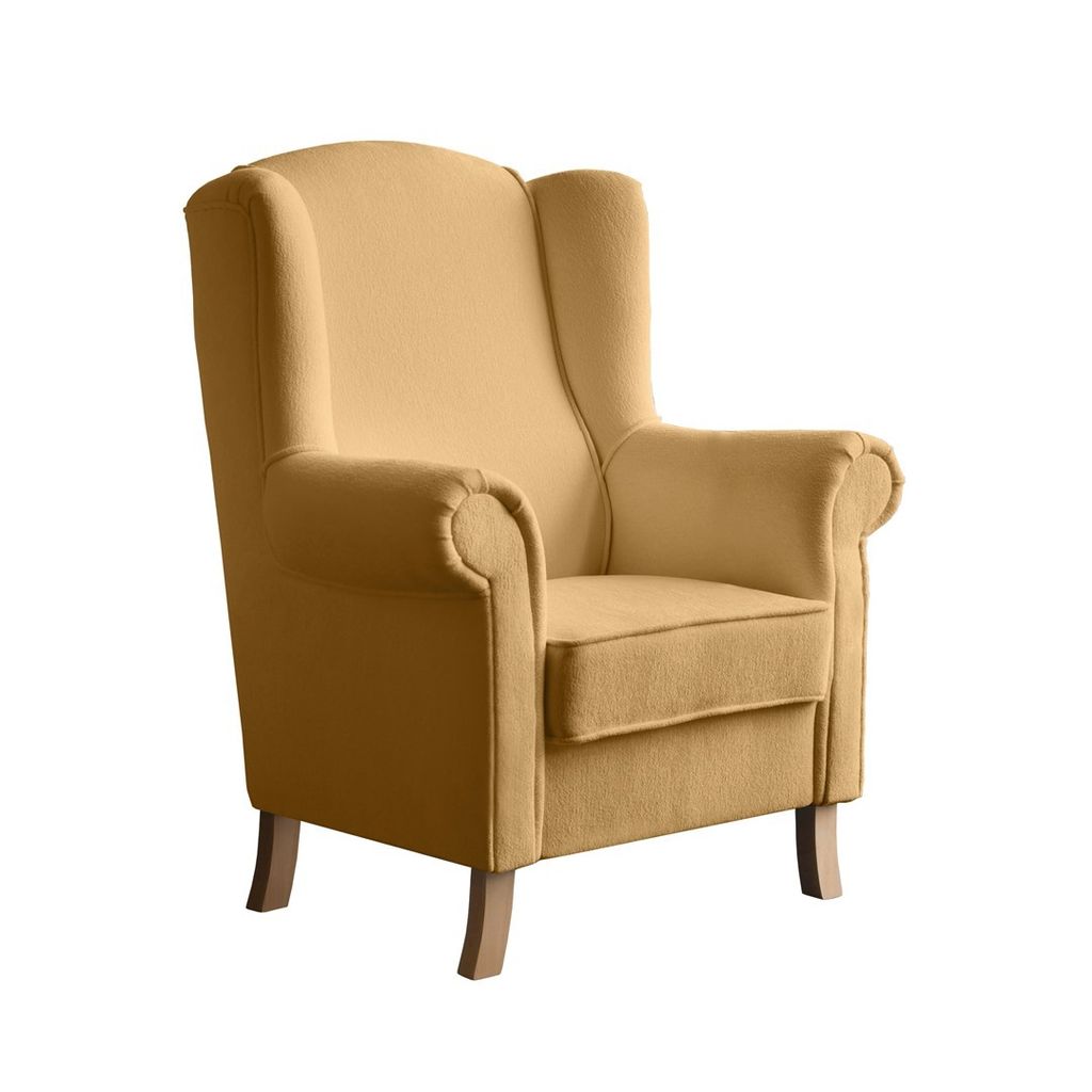 Ohrensessel LEONARDO Relax Sessel für Wohnzimmer, Polstersessel, Bouckle SenfGelb, Holzbeine Buche