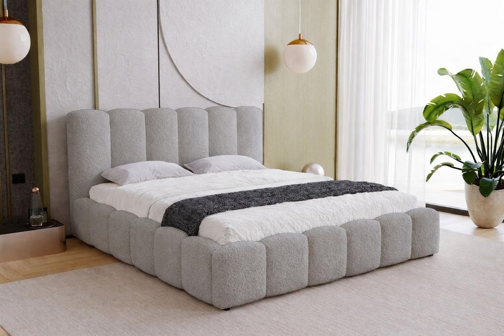 Doppelbett 160x200 cm Florent mit Bettkasten, Metall-Lattenrost - Bett Bouclé 160 x 200 cm, Hellgrau (Lambi 11)